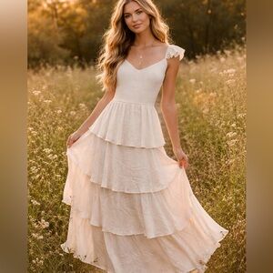 NWT Altar'd State Ivory Tiered Maxi Dress Cottagecore Romantic Ruffle
